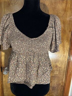 Floral Smocked Peplum Blouse - Brown Floral